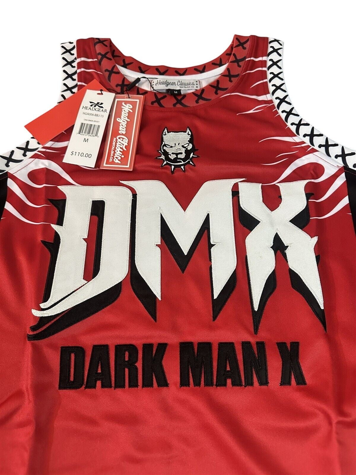 Throwback Rack DMX Dark Man X red basketball jersey with flame graphics and gothic font. Features "BLOOD OF MY BLOOD" lyrics.