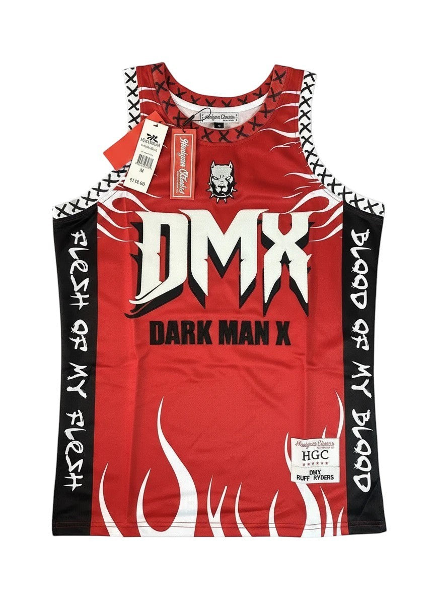 Throwback Rack DMX Dark Man X red basketball jersey with flame graphics and lyrics. Features DMX, Dark Man X, and Ruff Ryders logos.