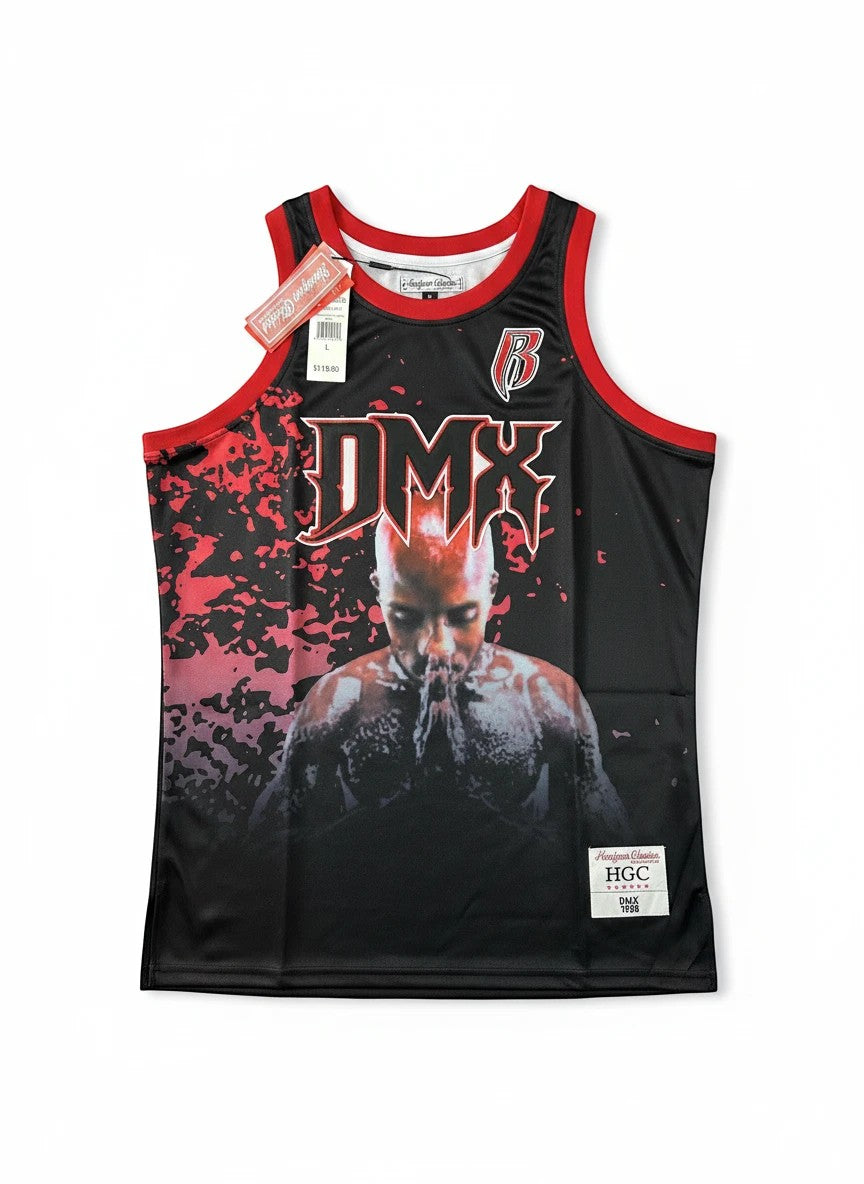 Throwback Rack DMX Flesh of My Flesh Blood of My Blood basketball jersey with DMX graphic and red splatter design.