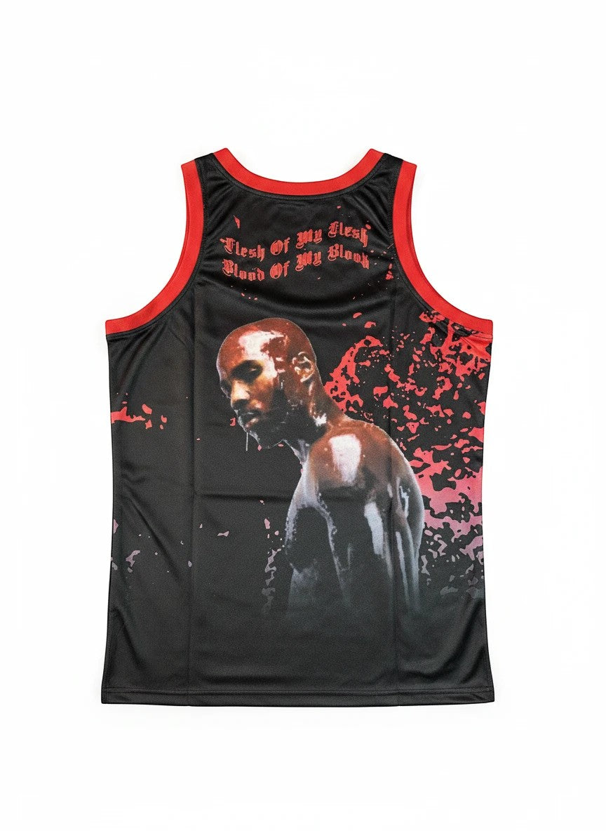 Throwback Rack DMX Flesh of My Flesh Blood of My Blood basketball jersey. Black with red splatter design and DMX graphic.