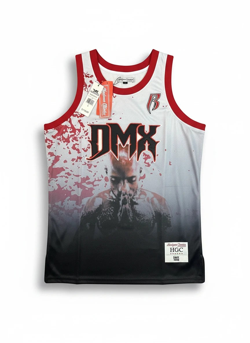 Throwback Rack DMX Praying Graphic Basketball Jersey with red splatter and gradient white to black.