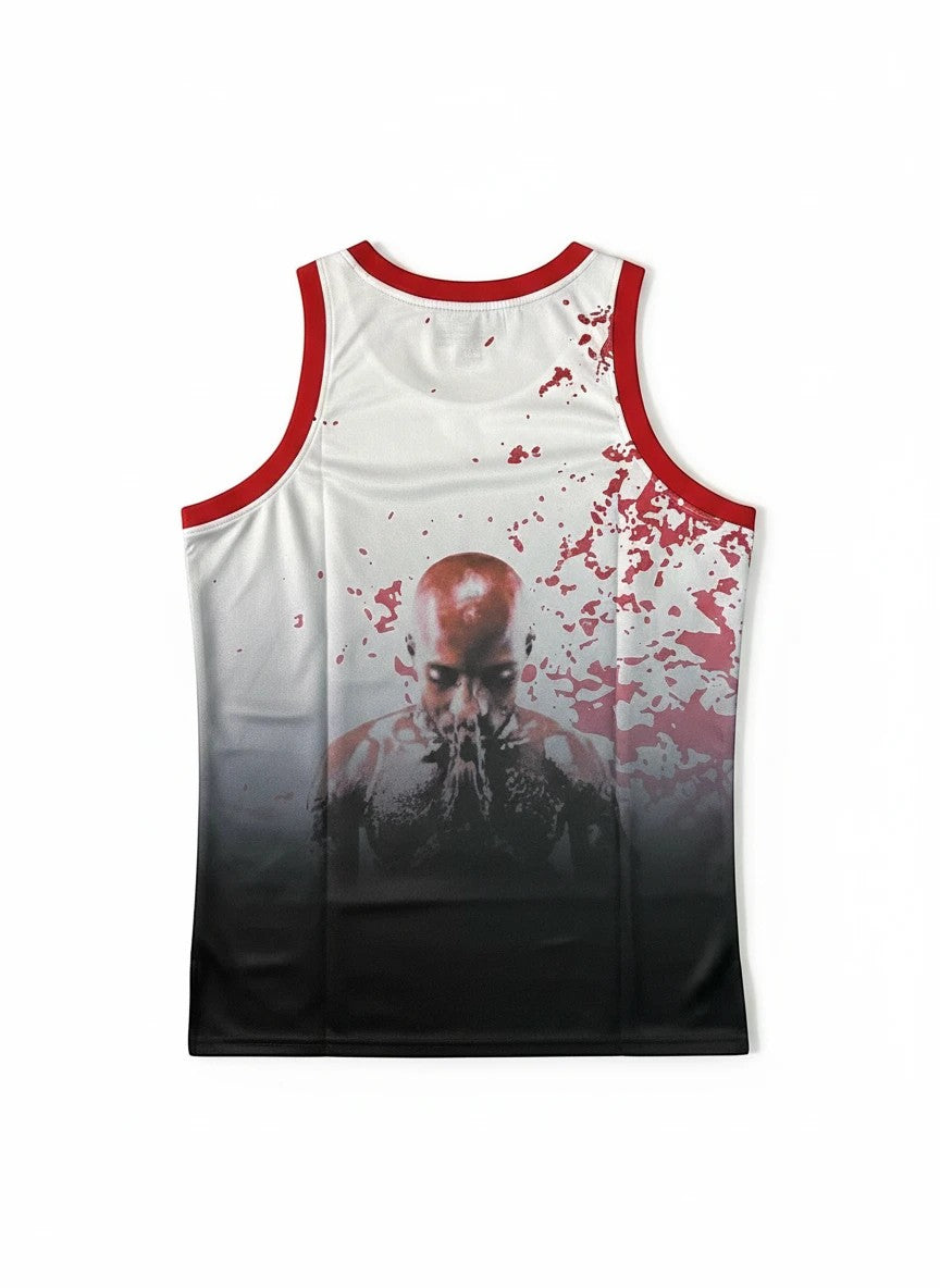Throwback Rack DMX Praying Graphic Basketball Jersey. White and black gradient with red splatter and DMX praying graphic.