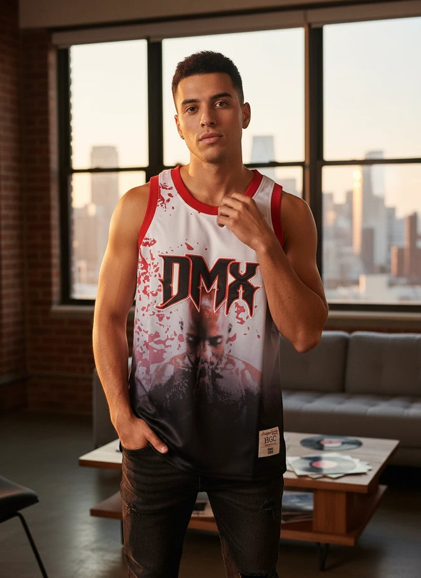 Throwback Rack DMX Praying graphic basketball jersey with red splatter and gradient effect. White to black.