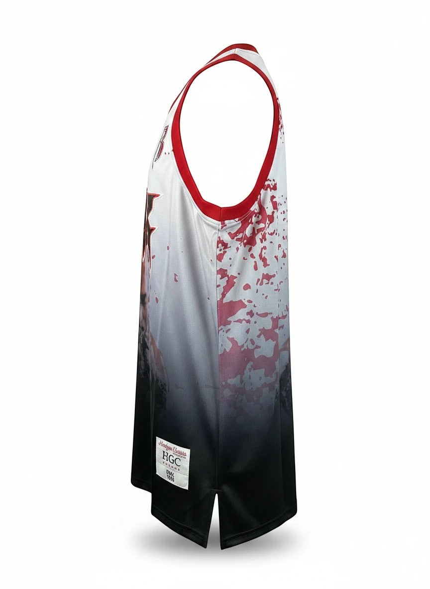 Throwback Rack DMX Praying Graphic Basketball Jersey, white to black gradient with red splatter and DMX graphic.