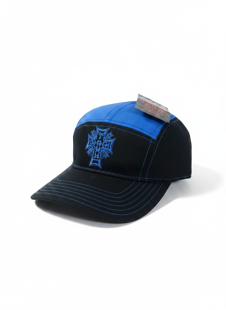 Throwback Rack Dog Town blue and black skater hat with embroidered logo and blue stitching. One size fits most.