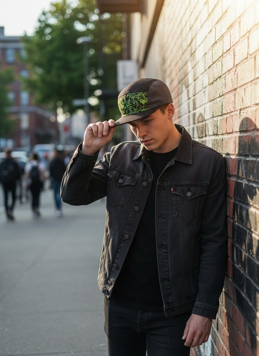 Throwback Rack Dog Town green skater hat with adjustable strap worn by a young man leaning against a brick wall.