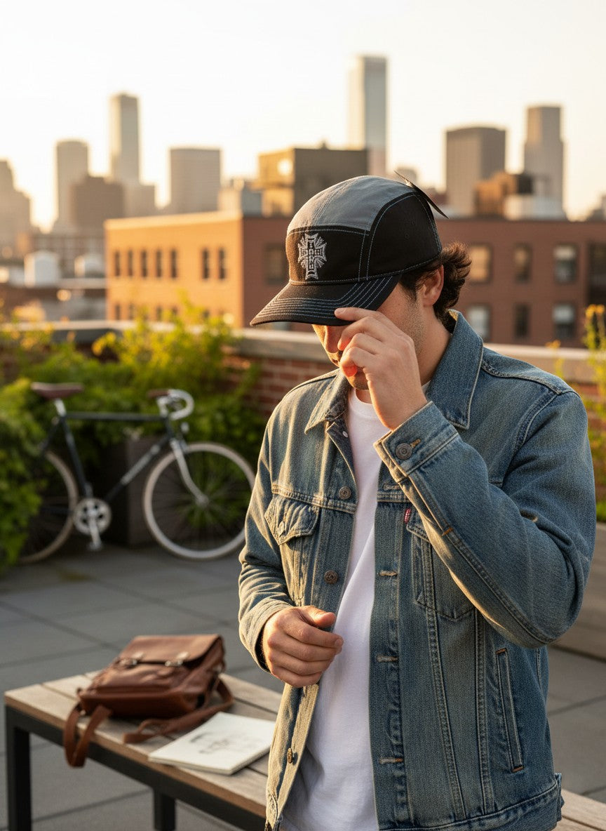 Throwback Rack Dog Town gray and black 5-panel skater hat with embroidered logo, worn by a man on a rooftop.