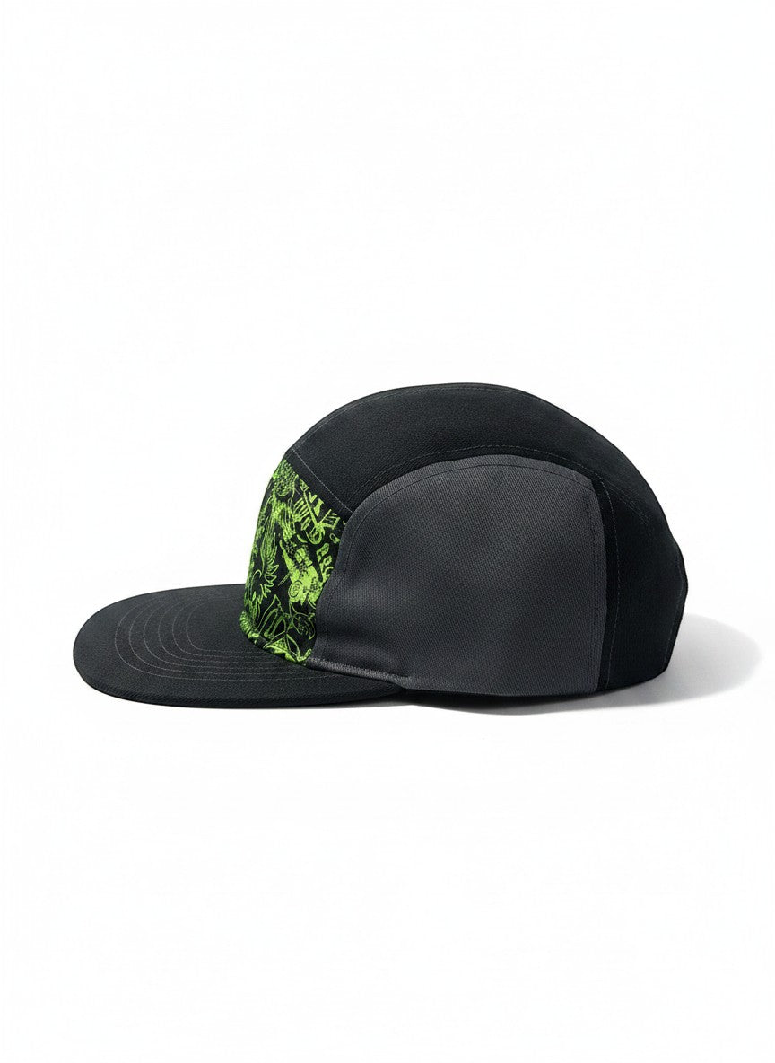 Throwback Rack Dog Town black and grey skater hat with green graphic print panel and adjustable strap.