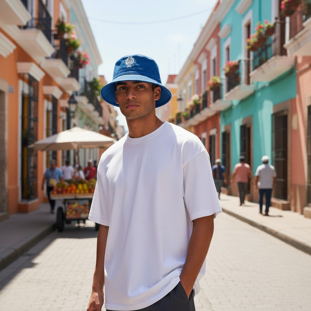 Throwback Rack blue cotton Dogtown skater bucket hat with white embroidered logo, worn by a man on a street.