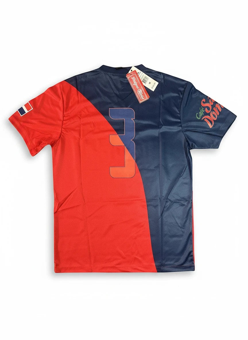 Throwback Rack Dominican Republic soccer jersey with red, white, and blue colors. Features a large number 3 on the back.