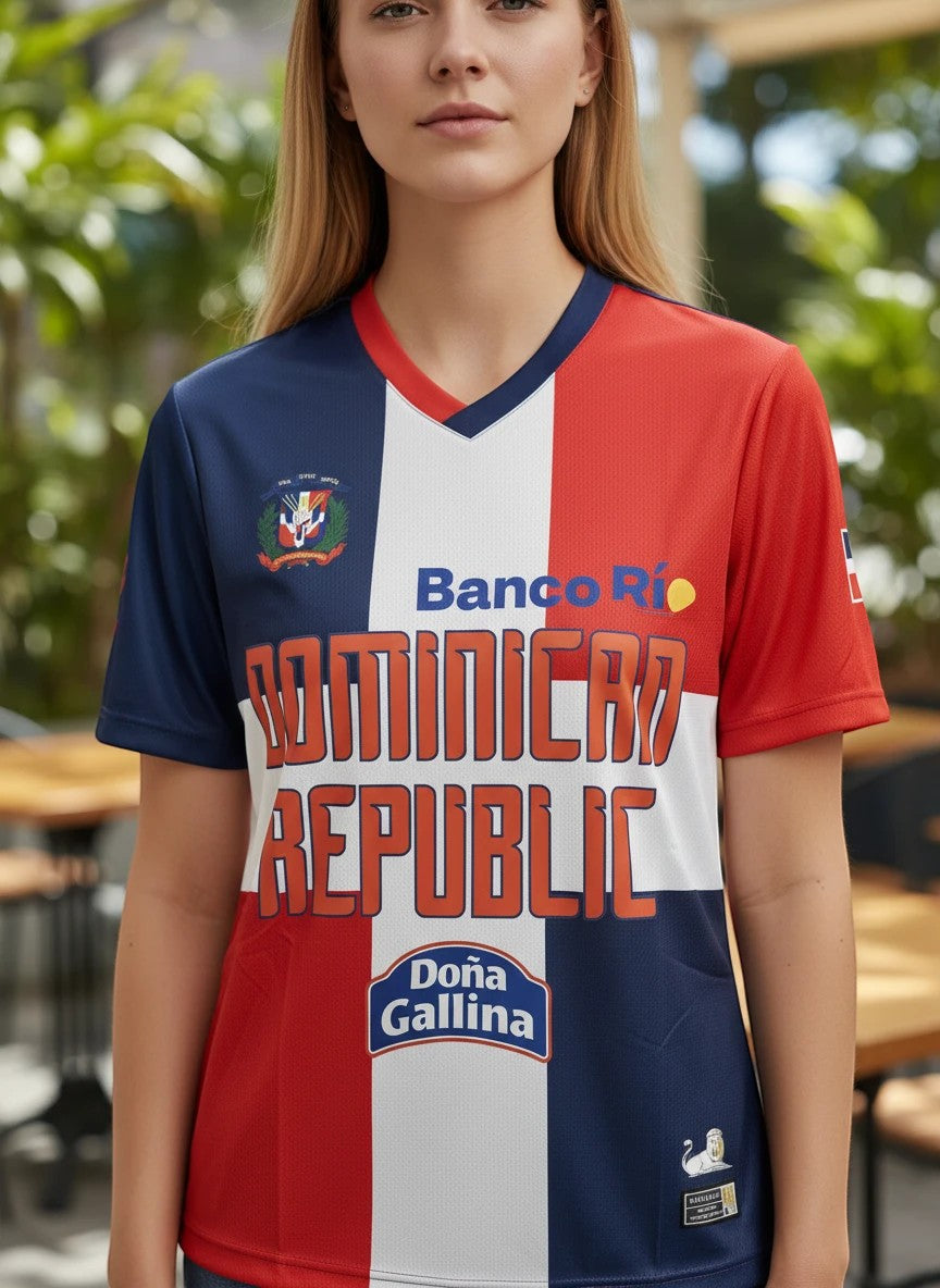 Throwback Rack Dominican Republic soccer jersey in red, white, and blue with "DOMINICAN REPUBLIC" text and coat of arms.