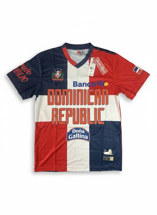 Throwback Rack Dominican Republic soccer jersey in red, white, and blue with coat of arms and sponsor logos. Lightweight fabric.