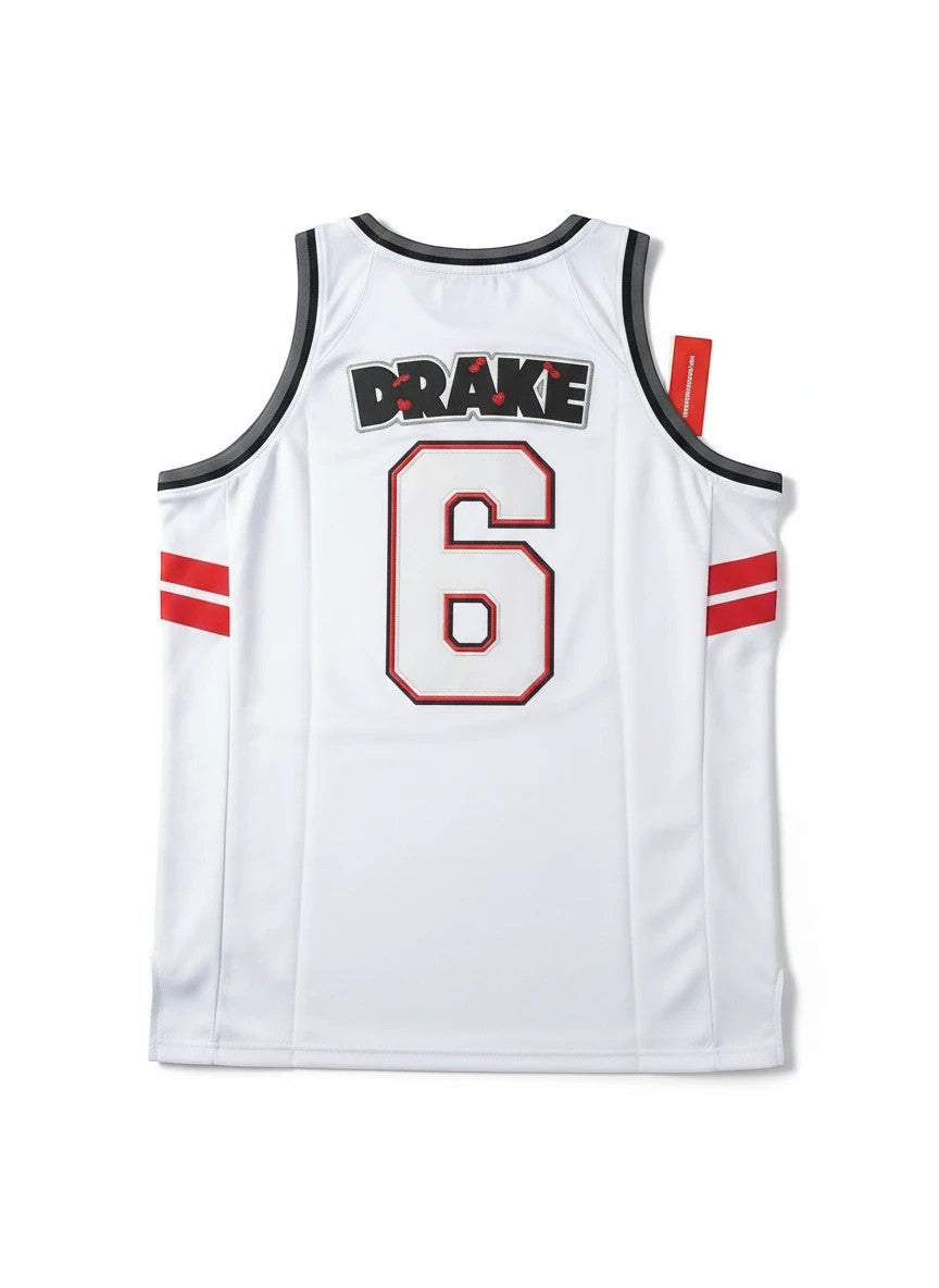 Throwback Rack white OVO Drake Views basketball jersey with number 6 and red side stripes on the back