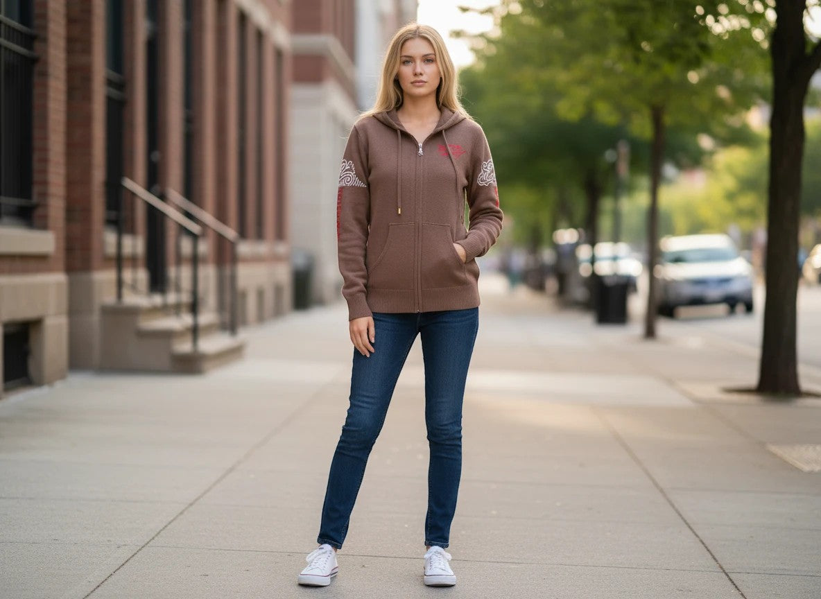 Throwback Rack Ed Hardy zip-up hoodie in heather brown with graphic print and rhinestone details worn by a model