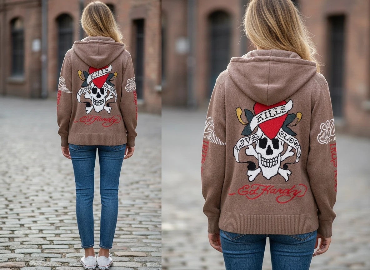 Throwback Rack Ed Hardy zip-up hoodie in heather brown wool blend with Love Kills Slowly skull graphic and embroidery