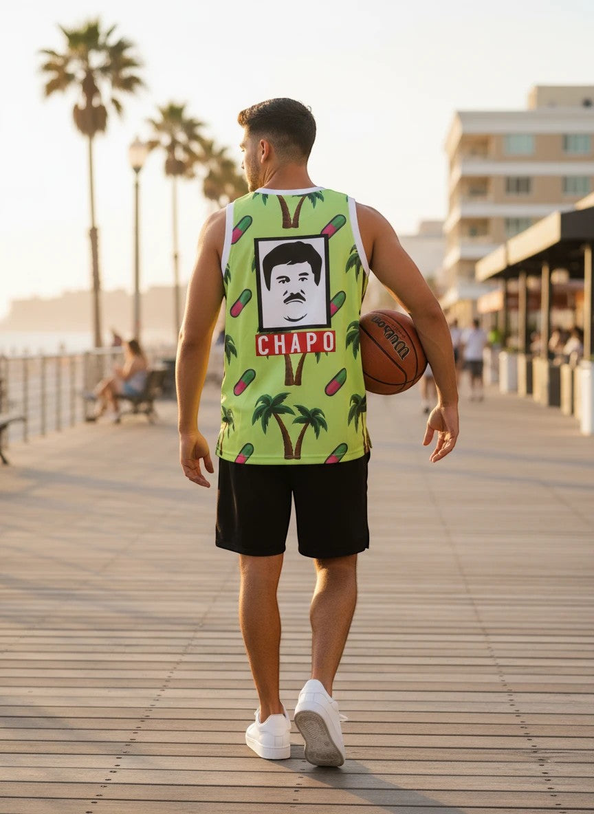Throwback Rack El Chapo graphic basketball jersey in lime green with palm trees and capsule print. Features Chapo portrait.