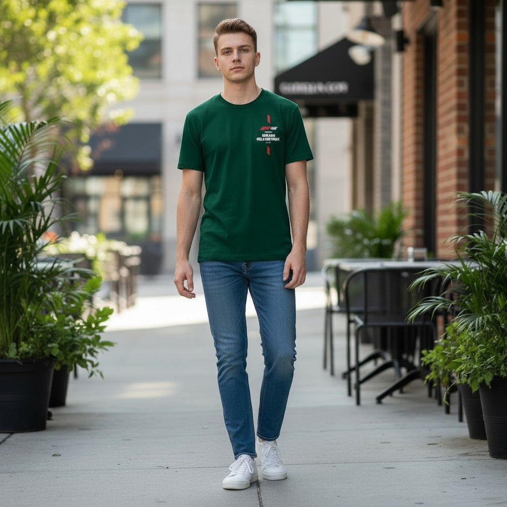 Throwback Rack forest green cotton t-shirt with Formula 1 Miami Grand Prix 2025 graphics and red/white speed lines.
