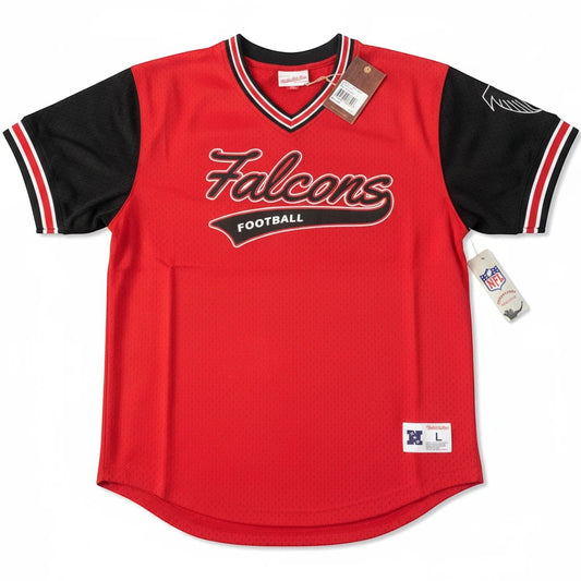 Throwback Rack red Atlanta Falcons football jersey with black sleeves, V-neck, and striped cuffs.