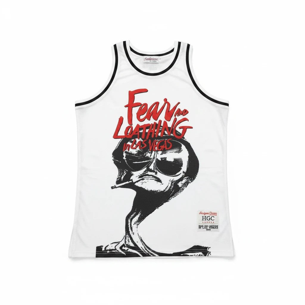 Throwback Rack Fear and Loathing in Las Vegas basketball jersey in white with black and red graphic print