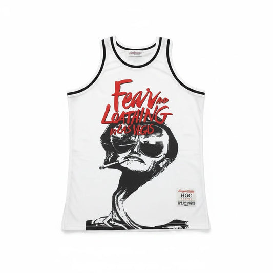 Throwback Rack Fear and Loathing in Las Vegas basketball jersey in white with black and red graphic print