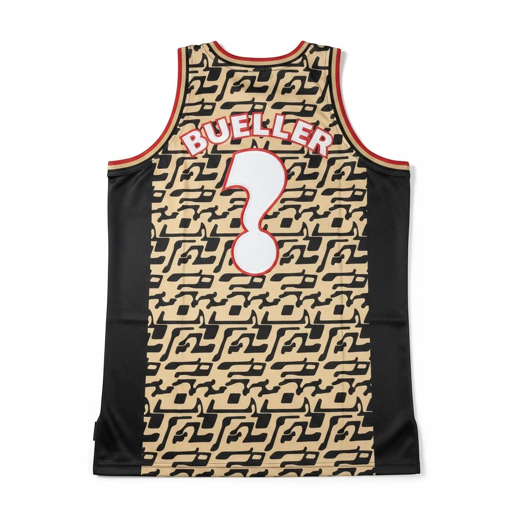 Throwback Rack Ferris Bueller basketball jersey featuring a tan patterned back with a large white question mark