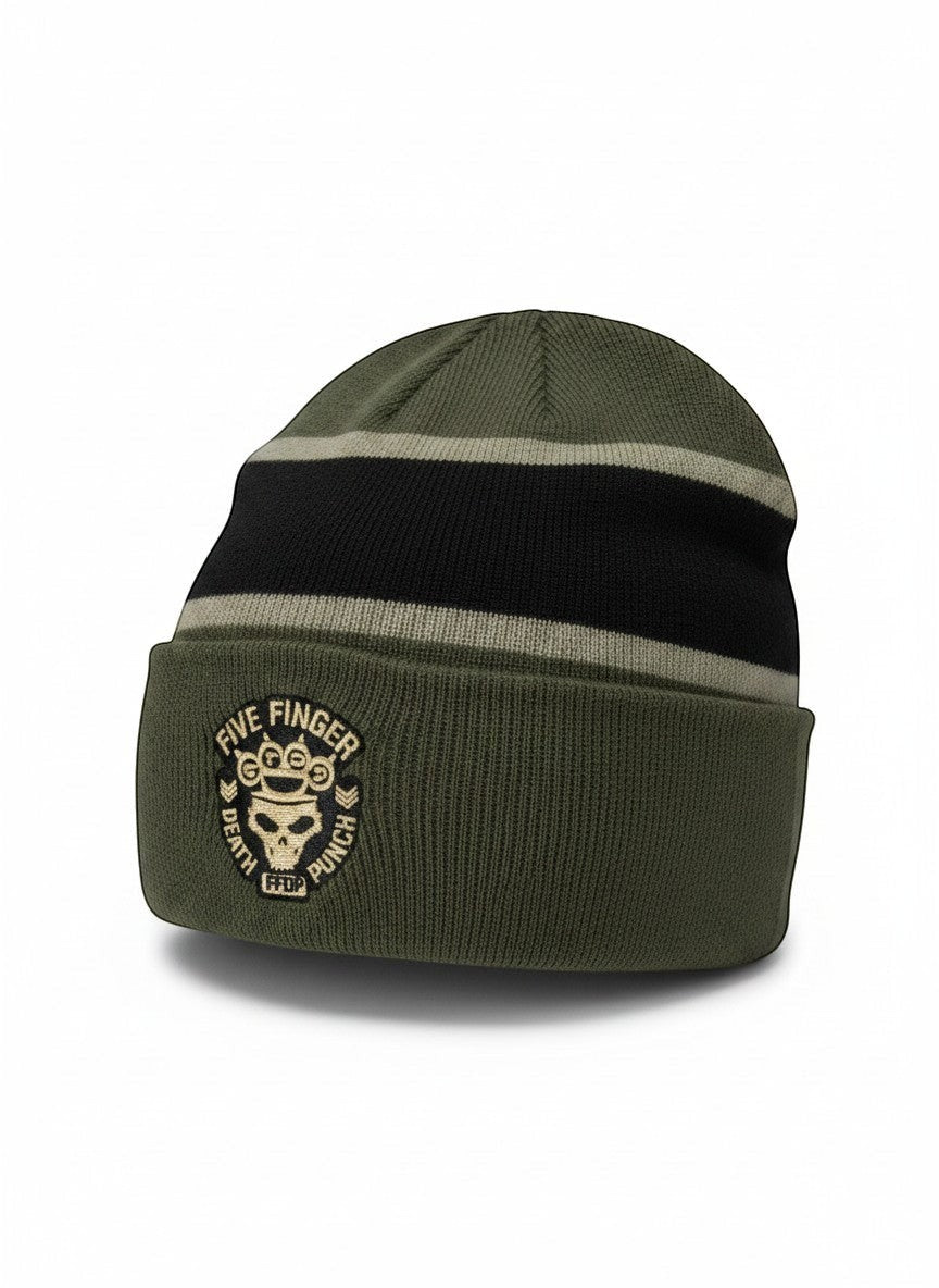 Throwback Rack olive green knit beanie with black and grey stripes and a circular Five Finger Death Punch logo patch.