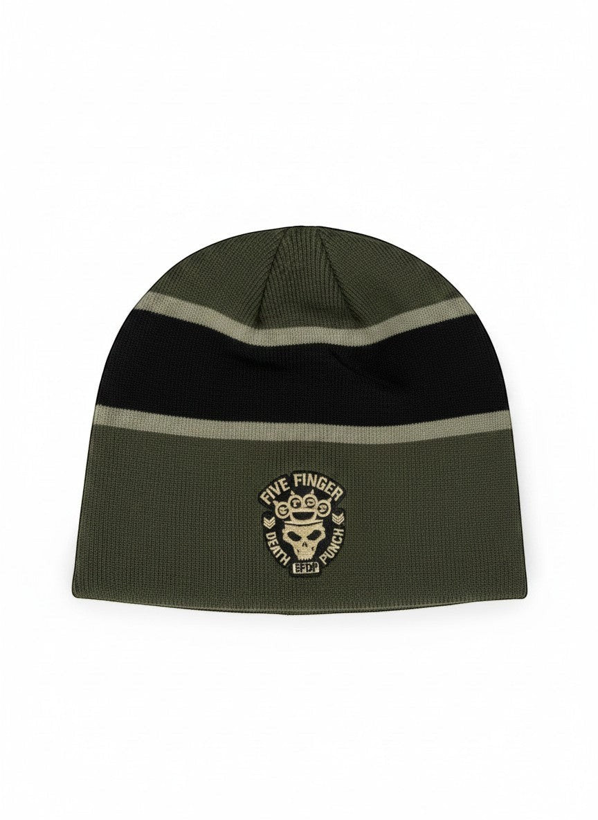 Throwback Rack olive green and black striped knit beanie with Five Finger Death Punch logo patch.