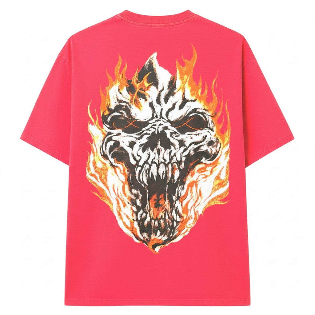 Throwback Rack red cotton t-shirt with a large graphic of a flaming skull on the back and a distressed logo on the chest.