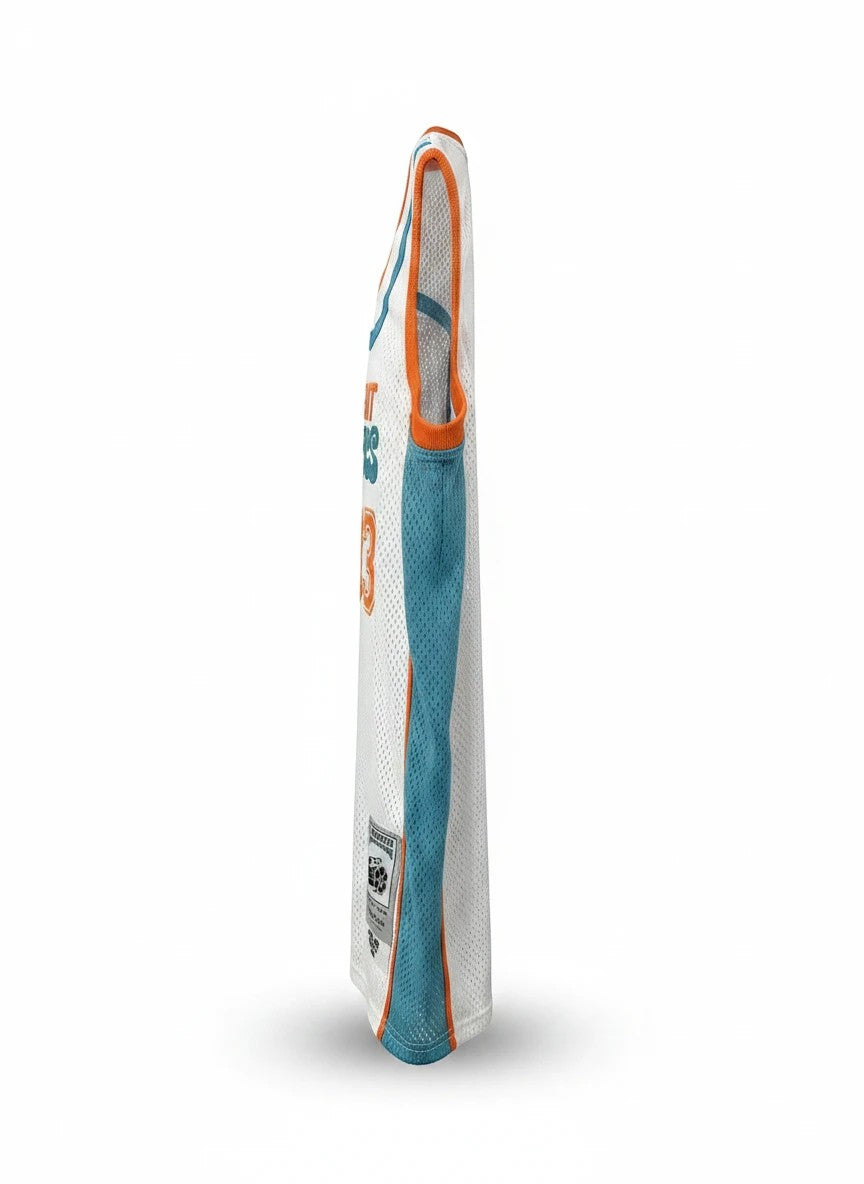 Throwback Rack white basketball jersey with teal and orange trim, featuring "Flint Tropics" and "33" graphics.