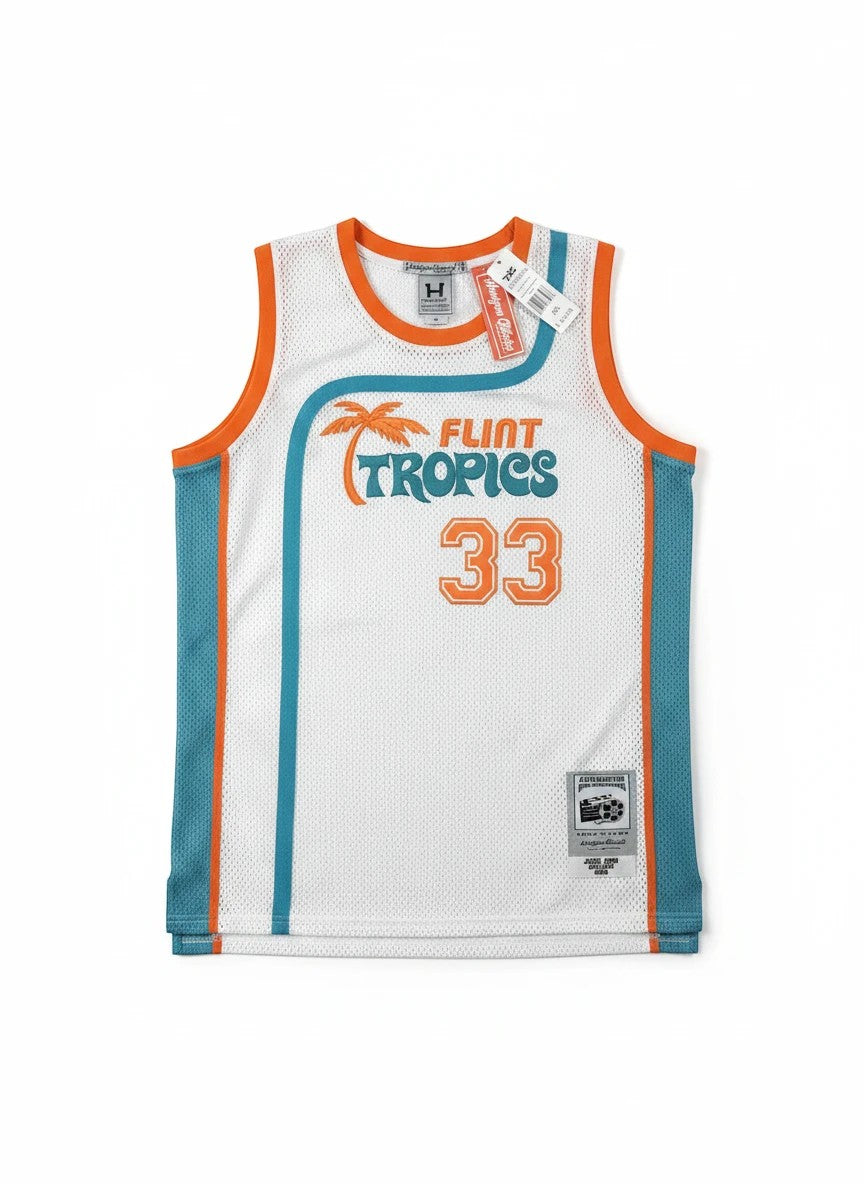 Throwback Rack white mesh basketball jersey with teal and orange trim, featuring Flint Tropics logo and number 33.