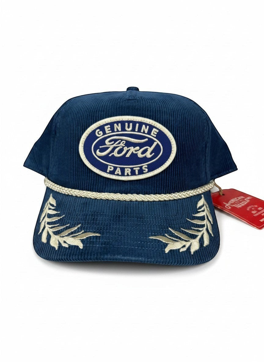 Throwback Rack navy blue corduroy Ford Parts embroidered baseball cap with rope detail and leaf embroidery.