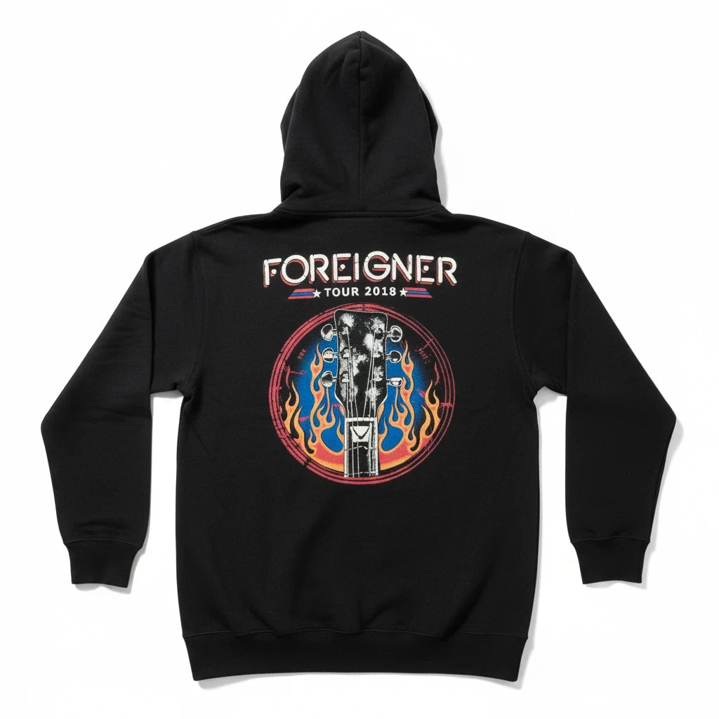 Throwback Rack black zip-up hoodie featuring a Foreigner 2018 tour graphic with a guitar and flames on the back