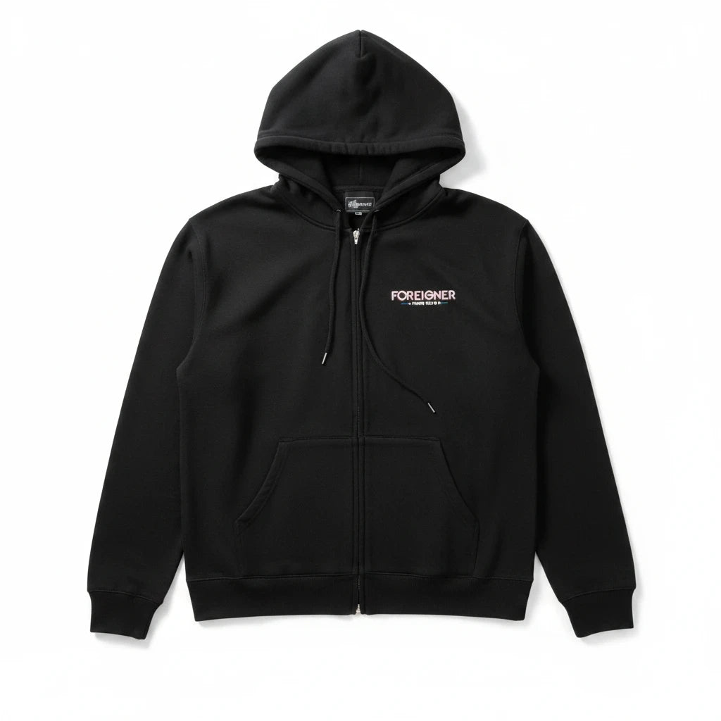 Throwback Rack black zip-up hoodie featuring the Foreigner 2018 tour logo on the chest with a drawstring hood
