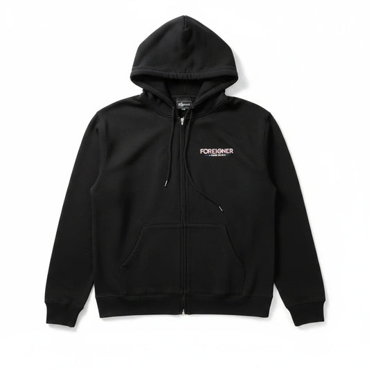 Throwback Rack black zip-up hoodie featuring the Foreigner 2018 tour logo on the chest with a drawstring hood
