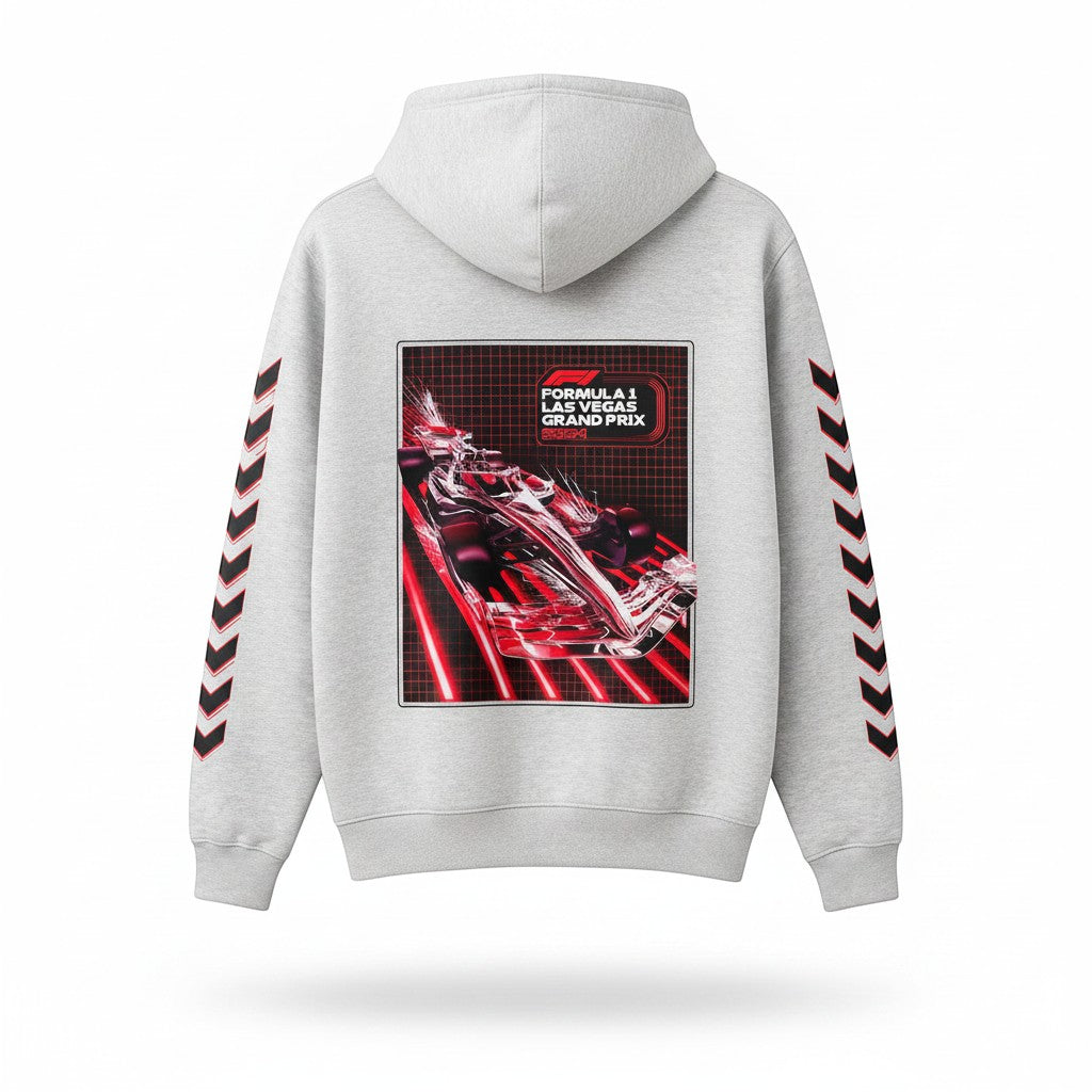 Throwback Rack light grey zip-up hoodie with Formula 1 Las Vegas Grand Prix graphic and chevron sleeve details.