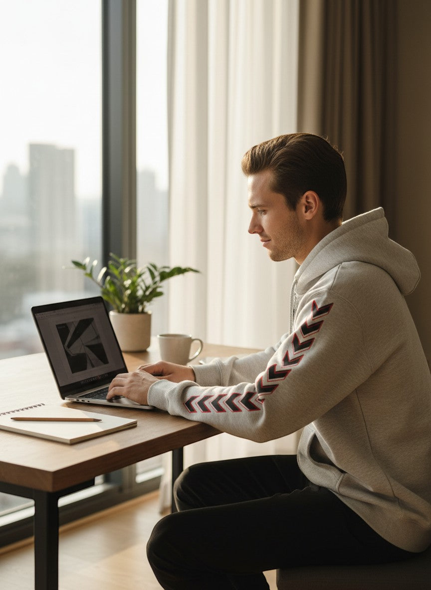 Throwback Rack light grey zip-up hoodie with chevron pattern on sleeves, inspired by Formula 1 Las Vegas Grand Prix.