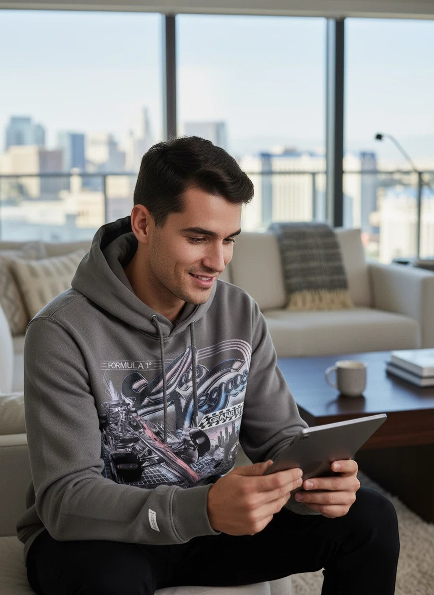 Throwback Rack grey graphic hoodie with Formula 1 Las Vegas Grand Prix car and cityscape design.