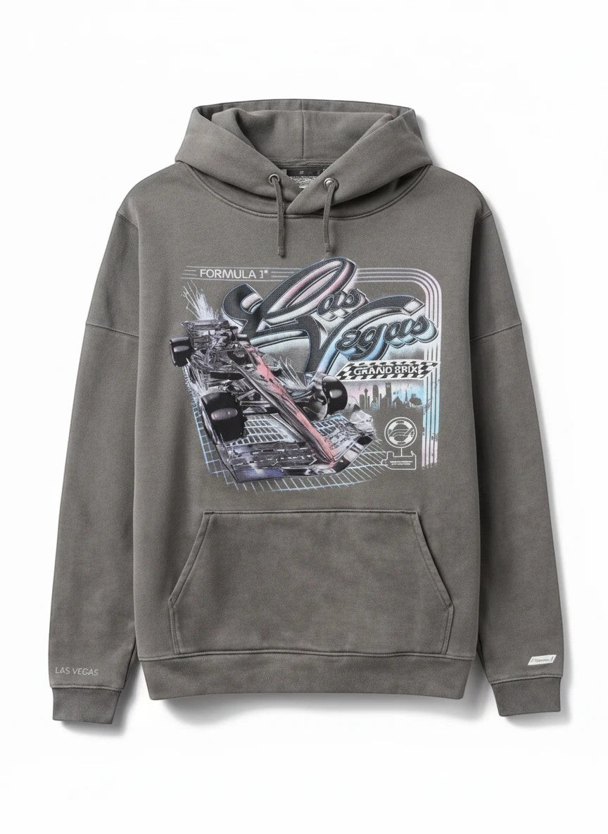 Throwback Rack Formula 1 Las Vegas Grand Prix graphic hoodie in charcoal grey with F1 car and city design.