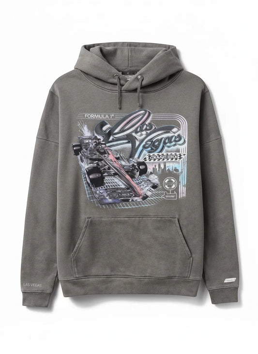 Throwback Rack Formula 1 Las Vegas Grand Prix graphic hoodie in charcoal grey with F1 car and city design.