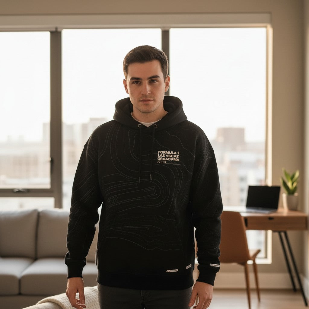 Throwback Rack black hoodie with all-over topographic map print of Las Vegas Motor Speedway circuit and F1 logo.