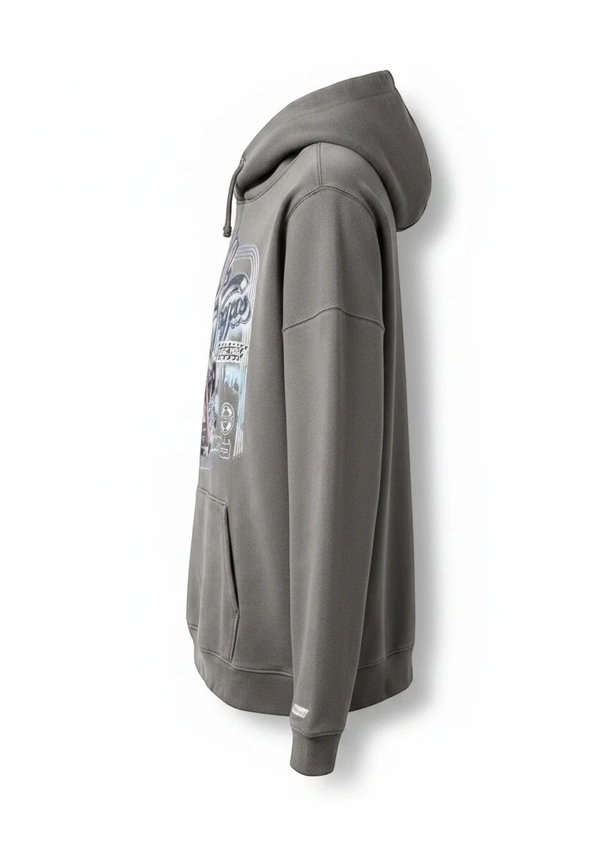 Throwback Rack Formula 1 Las Vegas Grand Prix graphic hoodie in grey, featuring F1 car and cityscape design.