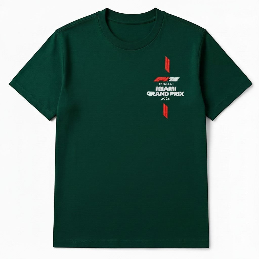 Throwback Rack Formula 1 Miami Grand Prix 2025 green short-sleeve t-shirt with red graphic detail.