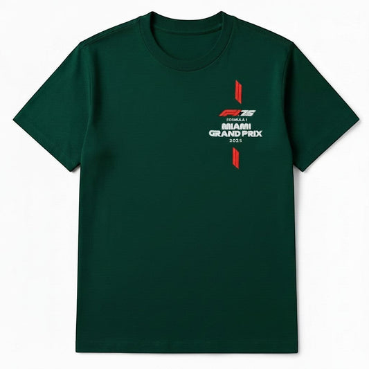 Throwback Rack Formula 1 Miami Grand Prix 2025 green short-sleeve t-shirt with red graphic detail.