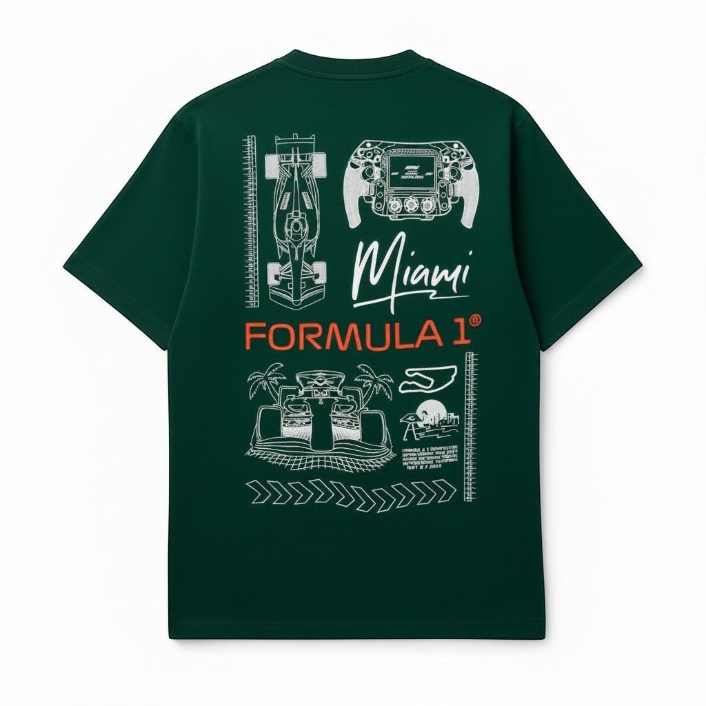 Throwback Rack green cotton t-shirt with Formula 1 Miami graphic print on back.