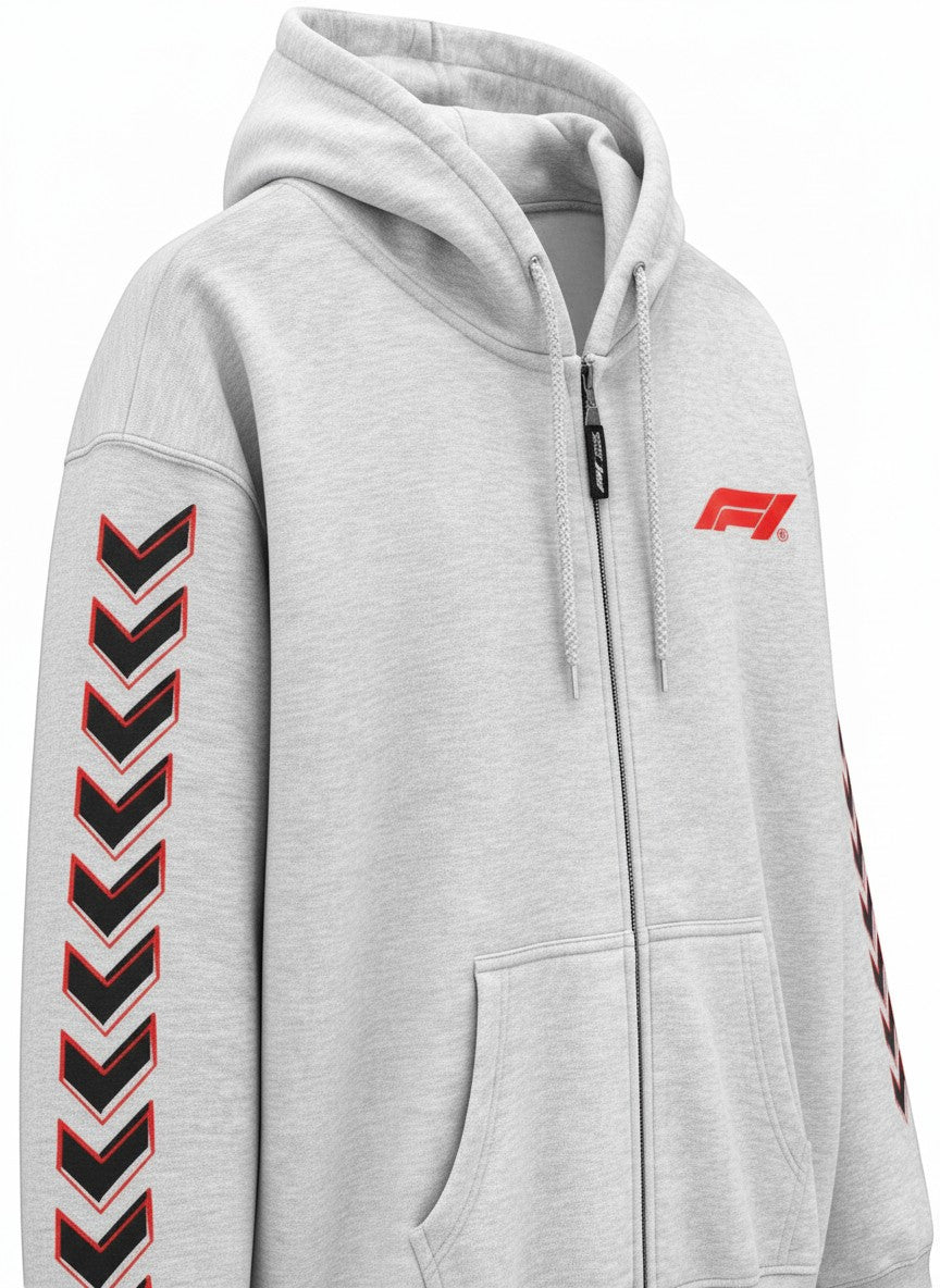 Throwback Rack light grey zip-up hoodie with Formula 1 logo and chevron sleeve detail.