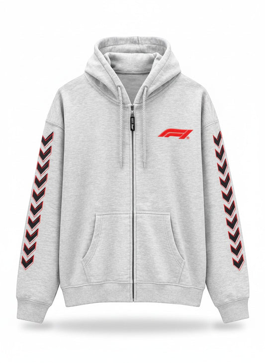 Throwback Rack light grey zip-up hoodie with Formula 1 logo and chevron sleeve detail.