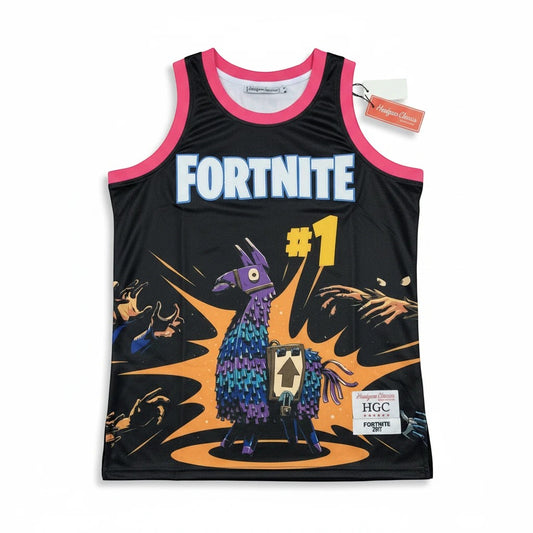 Throwback Rack Fortnite Victory Royale basketball jersey in black with pink trim and Loot Llama graphic print.