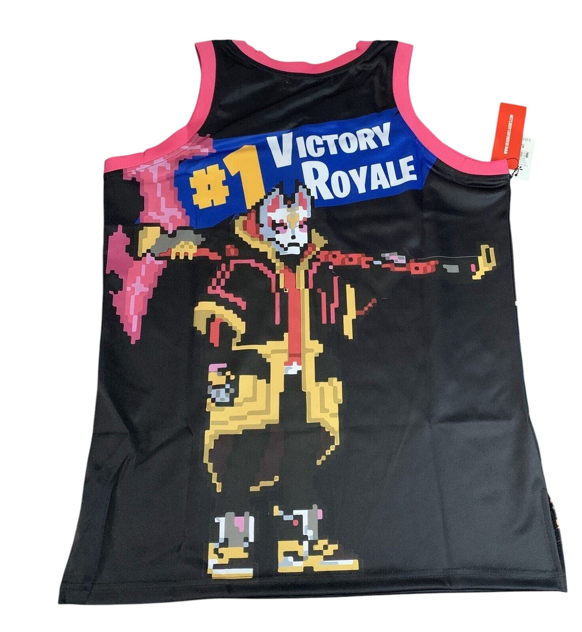 Throwback Rack Fortnite Victory Royale sleeveless jersey with pixelated character graphic and pink trim