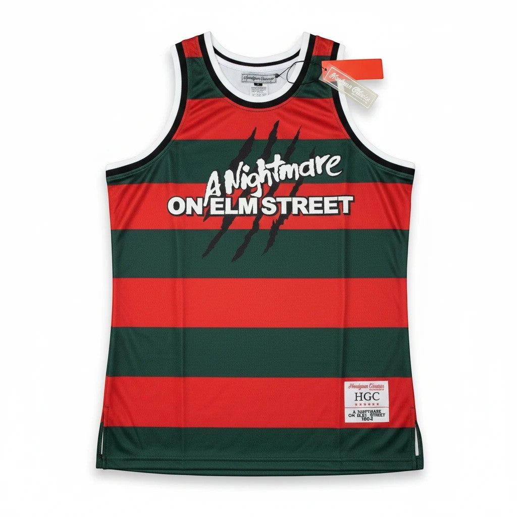 Throwback Rack Nightmare on Elm Street Freddy Krueger basketball jersey in red and green striped mesh polyester.