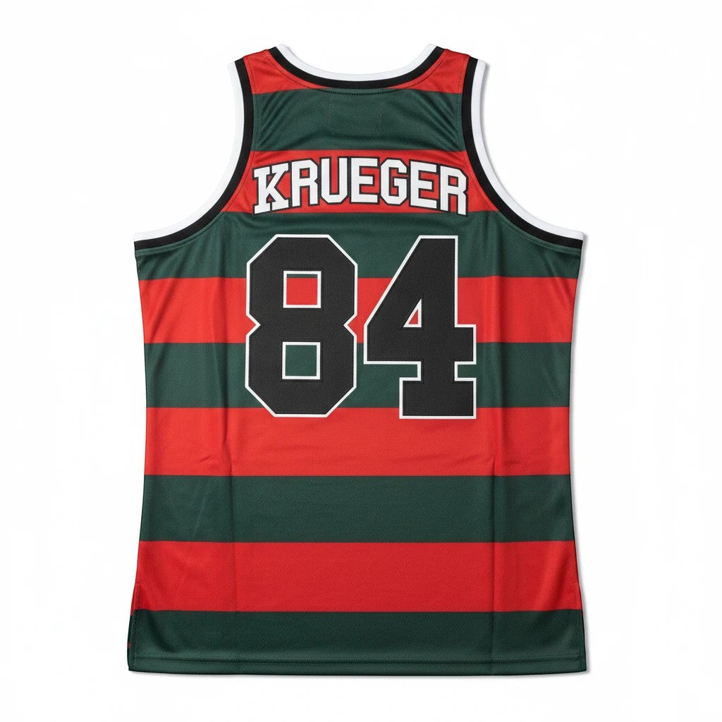 Throwback Rack Nightmare on Elm Street Freddy Krueger basketball jersey with red and green stripes and number 84